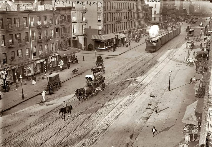 Trains at street level, when 10th avenue was known as 'Death Avenue'