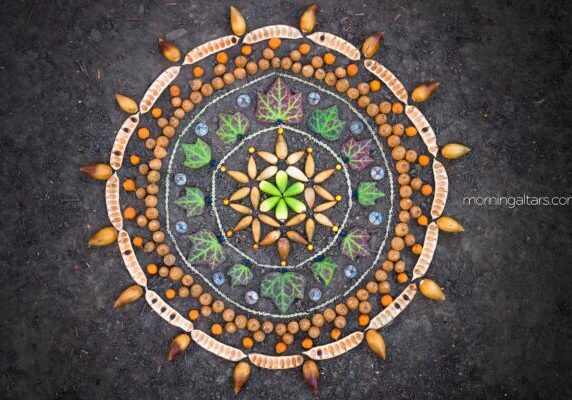 Modern Horticultural Therapy uses a variety of tasks to aid recovery, including botanical mandalas. Often made with leaves, flowers and other plant parts that are readily found. ('the temple's tile' www.morningaltars.com, 2015)